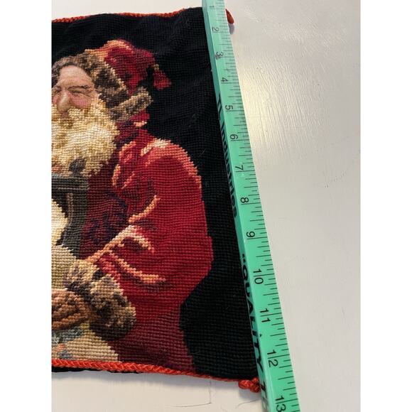 Vtg Pillow Cover Wool Needlepoint Santa Child Girl Dolls Black Velvet Cover Only - Picture 3 of 8